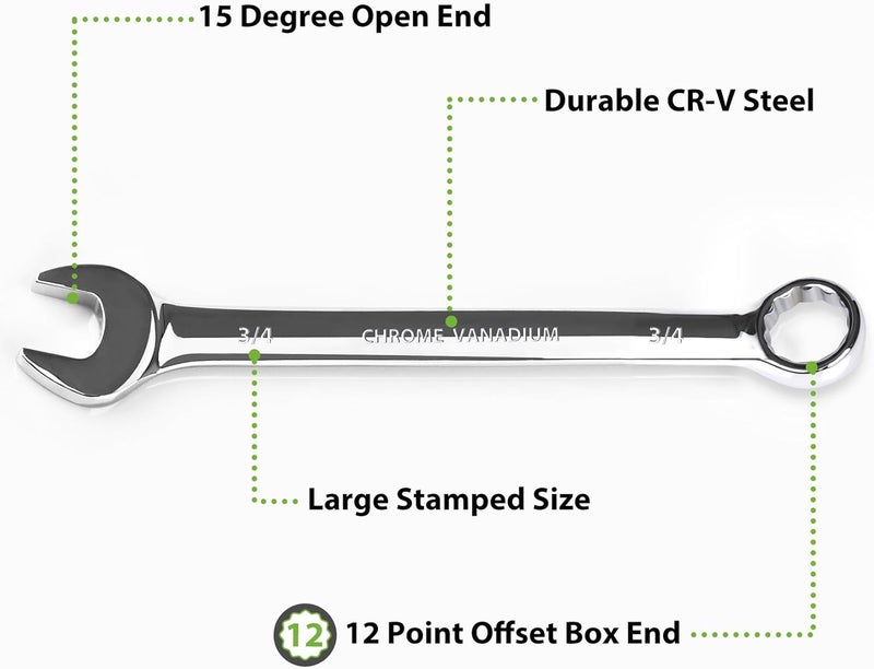COYAGRIP 3/4 Wrench, Industrial Grade Spanner, Combination Wrenches SAE with 12-Point Box End, 15-Degree Offset, 3/4 Wrenches Chrome Vanadium Steel Mirror Polished - Image 2